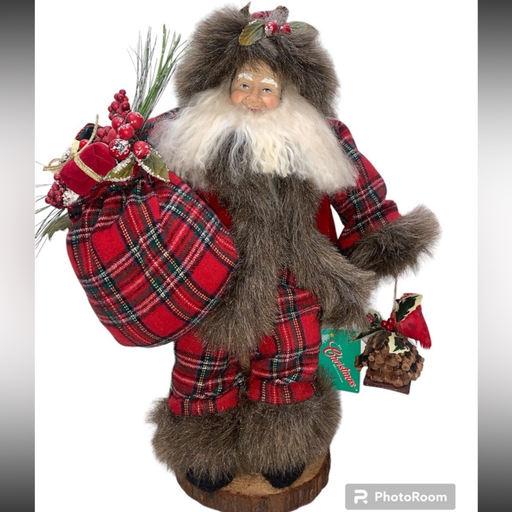 The Christmas Collection Santa Claus 16" vtg 1999 sitting on log bird house